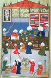 FY 1404 Takyuddin und andere Astronomen im Galata-Observatorium, gegründet 1557 von Sultan Suleyman, aus dem Sehinsahname von Murad III., ca. 1581